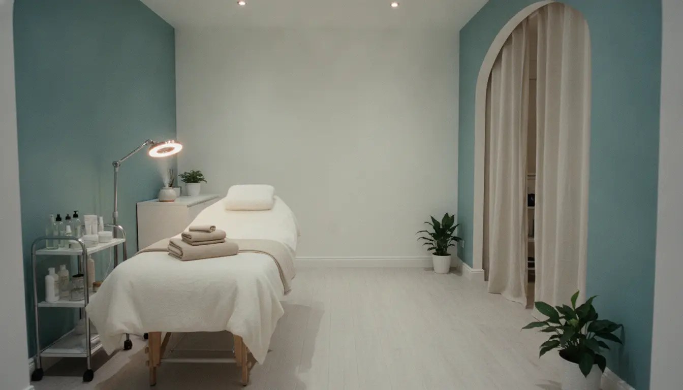 The full width of the treatment room, quiet and empty, with the couch to one side and open floor through the middle