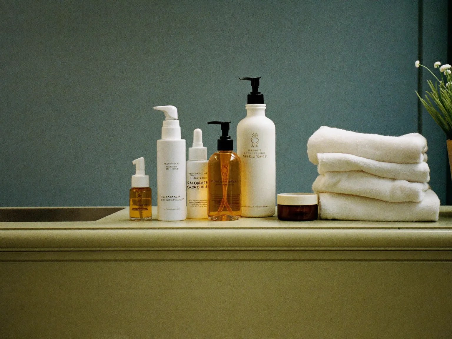 A shelf of plain skincare bottles and jars beside a folded stack of white flannels